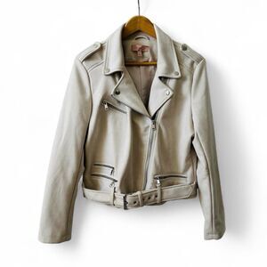 Philosophy Jacket Faux Leather Suede Moto Coat Zipper Belt Cream Size L